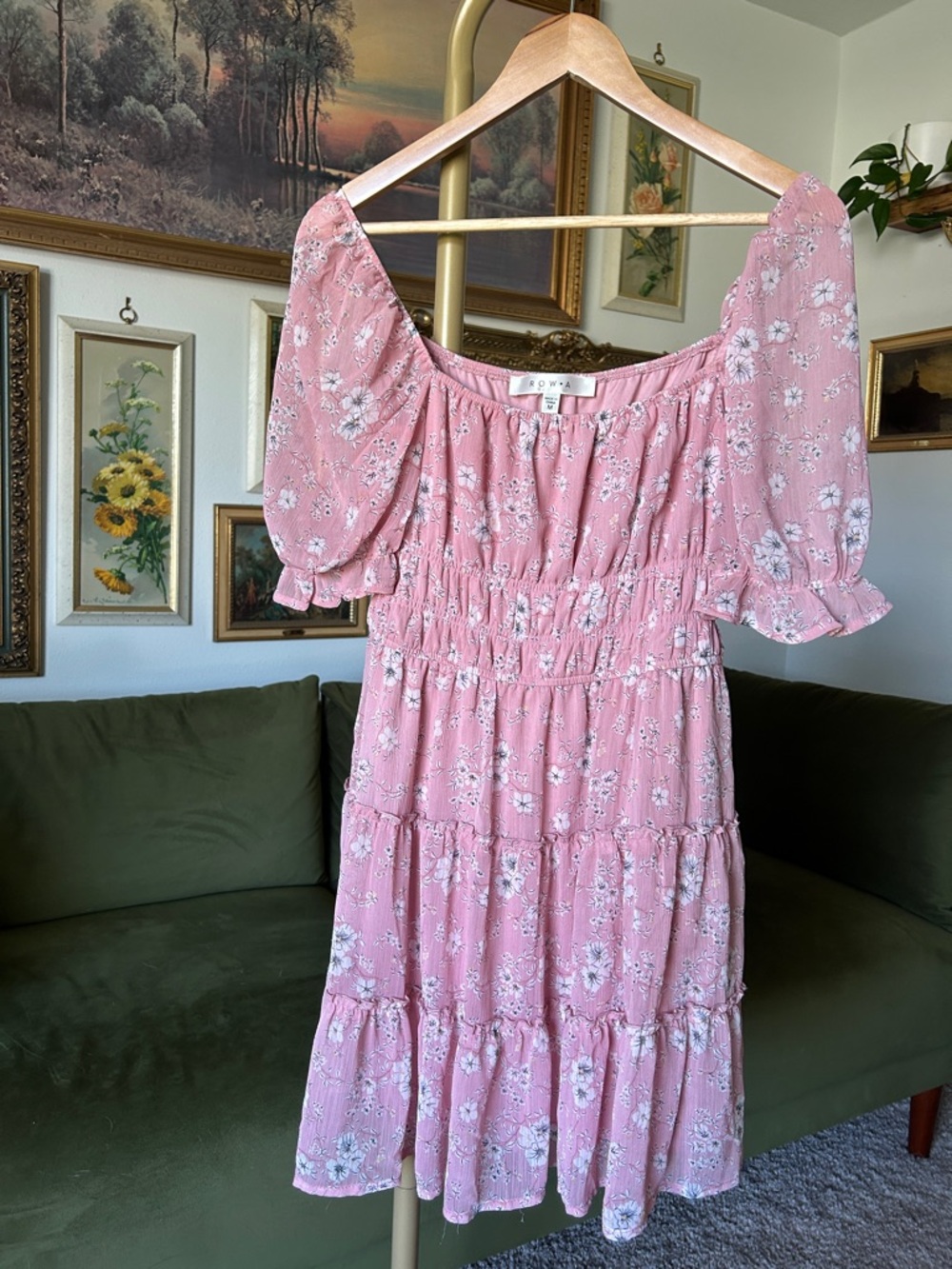 Smocked Pink Floral Midi Dress with Puff Sleeves
